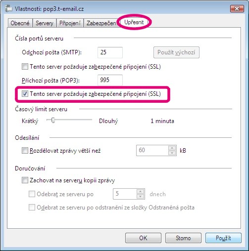 Zvolte záložku Upřesnit, kde zaškrtněte Tento server požaduje zabezpečené připojení (SSL). 