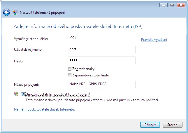 Průvodce připojením.