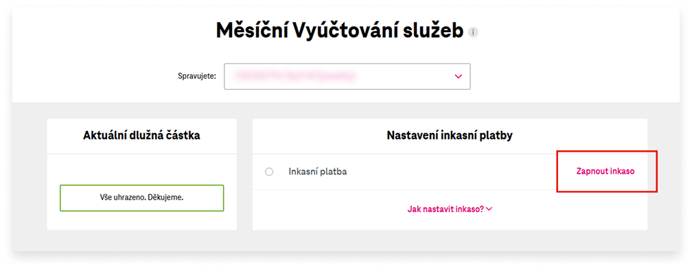 Screen ze samoobsluhy Můj T-Mobile s označením, kde najdu tlačítko Zapnout inkaso